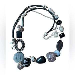 VTG Chico's Chunky Beaded Necklace Black Silver Mixed Media Stones Statement 30"